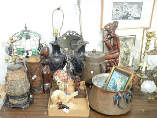 Large tray lot to include; Bali Carved Wood Figure, hand hammered copper pot, made in Italy; three Oriental lamps; carved figures; small boudoir lamp;