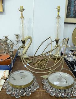 Pair of Mid-Century Ceiling Lights, with glass ball shades, diameter 8 1/2 inches; along with a pair of table lamps, height 26 inches; brass swan maga