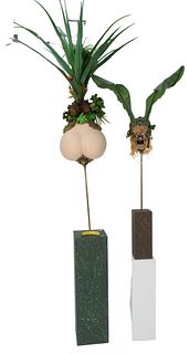 Theo Mercier (French, b. 1984), "Naturism", and "Green Tragedy", polyester, resin, stabilized moss, plastic plants and painted bases, overall height 1
