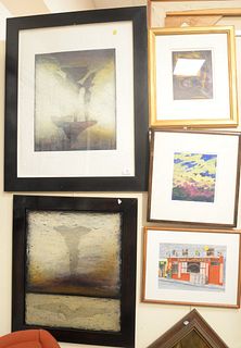Group of Seven Contemporary Paintings to include J. Magee, watercolor, store front; Bennie Birkert?, abstract watercolor; Mary Schaefer Reynolds, "Flo