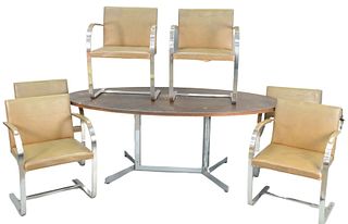 Seven Piece Knoll International Dining Set, to include six Brno chairs, designed by Mies Van Der Rohe, having chrome plated frames and leather upholst