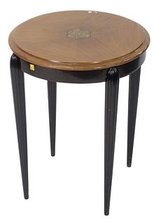 Inlaid Art Deco Side Table, having fluted legs, height 24 1/2 inches, diameter 19 1/2 inches.
