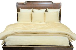 Century Wellington Court King Size Bed, mink finish with gold dry brushing, formal bracket foot, height 61 inches, width 82 inches.
