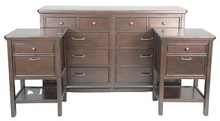 Four Piece Lot, to include Stanley chest, height 42", top: 19" x 67"; two night stands, top: 18" x 22"; along with mirror. 