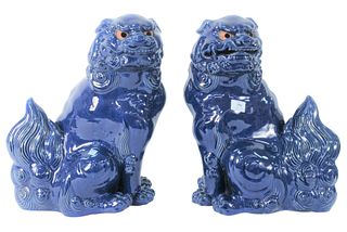 Pair of Large Pottery Blue Glazed Foo Lions, height 19 1/2 inches, width 15 inches.