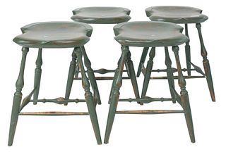 Set of Four Warren Chair Works Windsor Style Bar Stools, with saddle seats, height 24 inches.