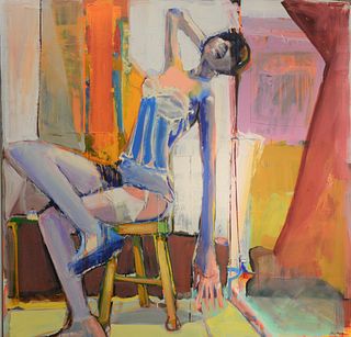 Richard Hickam (American, b. 1944), Dressing Room, acrylic on canvas, signed lower right Hickam, titled and signed verso, Allen Stone Galleries stamp 