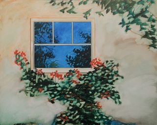Unknown Artist, 1992, Red flowering bush and window, signed indistinctly lower right, framed, 48 1/4" x 60".