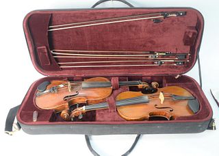 Two Student Violins, together with four bows, one labeled Glasser, one signed Amati Pestini, all encased in one soft shell travel case, case length 33