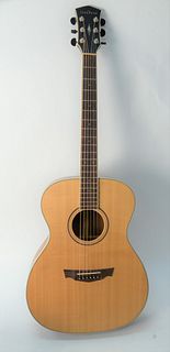Parkwood Acoustic/Electric Guitar, natural finish, surface cracks in back, does not penetrate body, 25 1/2 inch scale, length 40 inches.