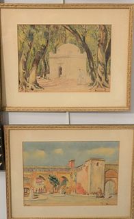 Group of Four Orientalist Watercolors, three by the same artist, signed illegibly lower right; along with a pastel of an alley with figures; largest s
