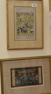 Two Illustrated Manuscripts, on paper, Orientalist scene, having men on horseback, sight size 9 1/4" x 6" and 6 x 9 1/4".