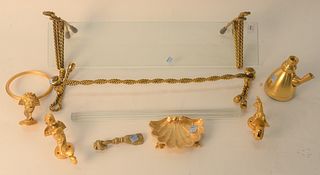 Seven Piece Lot of Bathroom Hardware, attributed to Sherle Wagner, to include two towel racks; one towel ring; one glass shelf; a shower head; along w