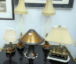 Group of Five Contemporary Table Lamps, to include two candlestick form with elephant figures; one in the form of inkwell; one copper Mission style; a