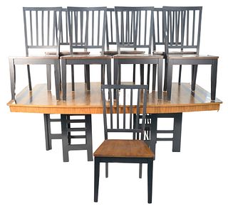 Nine Piece Custom Rosewood Veneered Boat Table, tailed Mid-Century, along with 8 chairs, along with 18 inch leaves, height 29 inches, top 48" x 84", t
