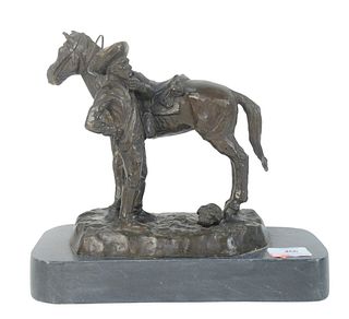 After Frederic Remington (American, 1861 - 1909), Untitled, cowboy with skull, 1891, bronze with brown patina, inscribed on base, height 10 1/4 inches