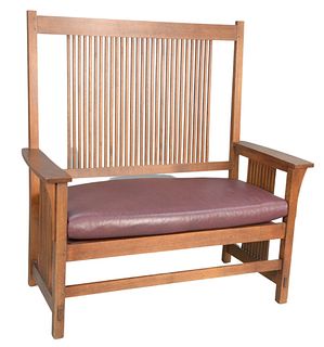 Stickley Mission Oak Bench, with high back and leather cushion, height 49 inches, width 48 inches.