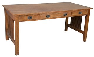 L & JG Stickley Mission Oak Writing Table, with three drawers, height 30 inches, top 32" x 66".