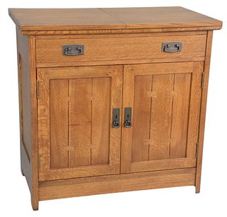 Stickley Mission Oak Bar Cabinet, with lift top drawer and two doors, height 33 1/2 inches, width 35 inches, depth 20 inches.