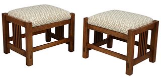 Pair of Stickley Mission Oak Footstools, with upholstered tops, height 14 inches, top 15" x 19".
