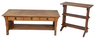 Two Stickley Mission Oak Tables, to include a coffee table with slide through drawers along with Roycroft style Stickley side table, side table height