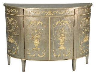 Theodore Alexander Silvered Bower Demilune Cabinet, having hand painted silver argento and floral vase, height 35 inches, width 48 inches, depth 16 in