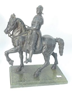 Large Bronze Roman Soldier on Horseback, brown patina on a green marble base, not marked,height 25 inches, width 18 1/4 inches, depth 10 1/2 inches.