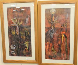 Pair of Modernist Still Lives, each watercolor on paper, neither signed, in matching frames, 37" x 17 1/2" (sight).