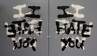 Tao Rey (American, b. 1978), untitled (ROR. 143-43 grey), 2008, one-shot lettering enamel on canvas, signed, dated, and inscribed verso of each panel,