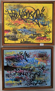 Pair of Tao Rey (American, b. 1978), acrylics on canvas, each signed and tagged indistinctly on the reverse, each 16" x 20", each purchased directly f