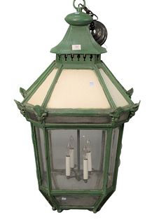 Large Iron and Glass Street Hanging Light, green painted, having four lights, height 40 inches.