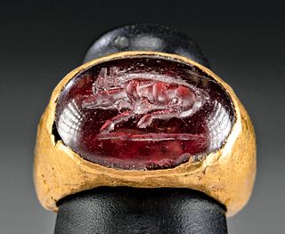 Roman Gold Ring & Garnet Intaglio w/ Recumbent Bull