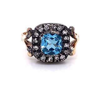 Silver & Gold Diamond Blue Topaz Ring
