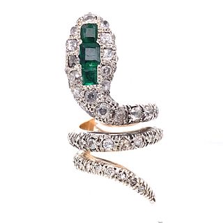 Georgian Silver & Gold Dimonnd Emerald Snake Ring