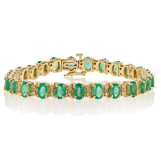 11.62ctw Emerald and 0.60ctw Diamond 14K Yellow Gold Bracelet