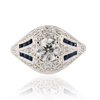 1.01ct CENTER Diamond and 0.61ctw Blue Sapphire Platinum Ring (1.25ctw Diamonds)