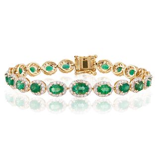 7.15ctw Emerald and 2.40ctw Diamond 14K Yellow Gold Bracelet