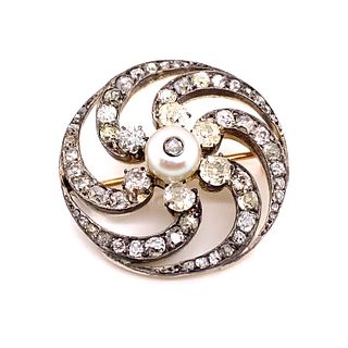 Victorian Silver Gold Diamond Pearl BroochÊ