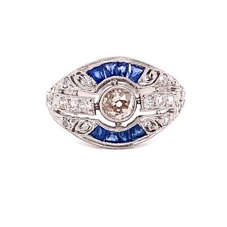 Art Deco Platinum Diamond Sapphire RingÊ
