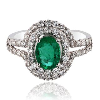 1.20ct Emerald and 0.99ctw Diamond 18K White Gold Ring