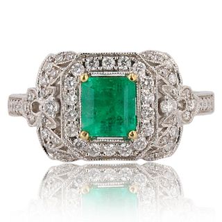 0.74ct Emerald and 0.42ctw Diamond 18K White Gold Ring
