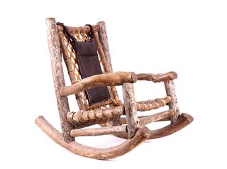 Rustic Log & Leather Woven Child Rocking Chair