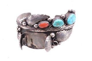 Signed Navajo Sterling Turquoise &Coral Watch Cuff