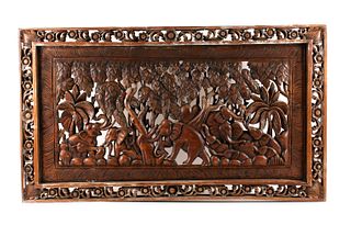 Elephant Family Hand Carved Wooden Wall Panel