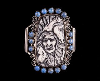 Navajo Lapis Lazuli Scrimshaw Silver Bracelet