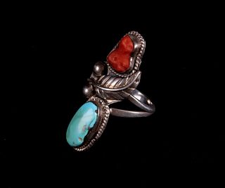 Navajo Old Pawn Silver, Turquoise, & Coral Ring