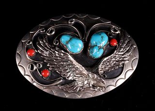 Navajo Eagle Silver, Turquoise & Coral Belt Buckle