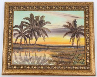 Signed, Florida Landscape Painting with Egrets