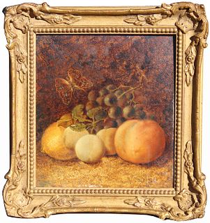 Signed, 19th C. Still Life Painting with Butterfly