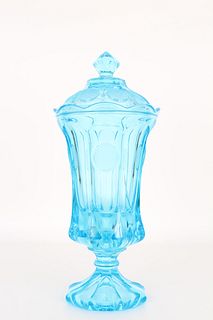 American Turquoise Glass Covered Jar (as is)
